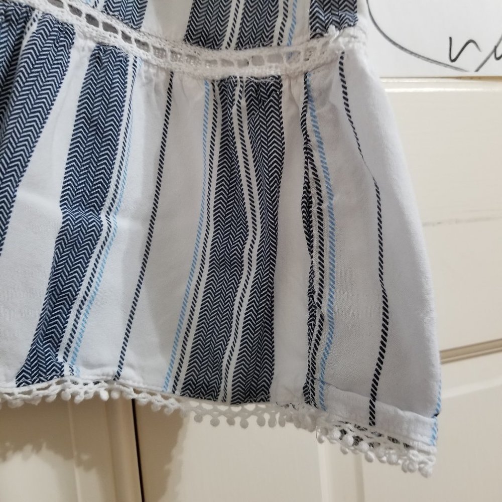 Ocean Drive dress Medium striped beach boho pom trim crochet inset sleeveless - Picture 5 of 10